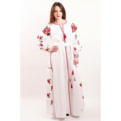 Boho Style Ukrainian Embroidered Maxi Broad Dress White on White "Ukrainian Tradition"